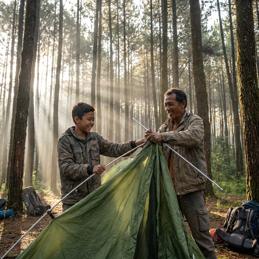 Ayah mengajarkan anak mendirikan tenda camp