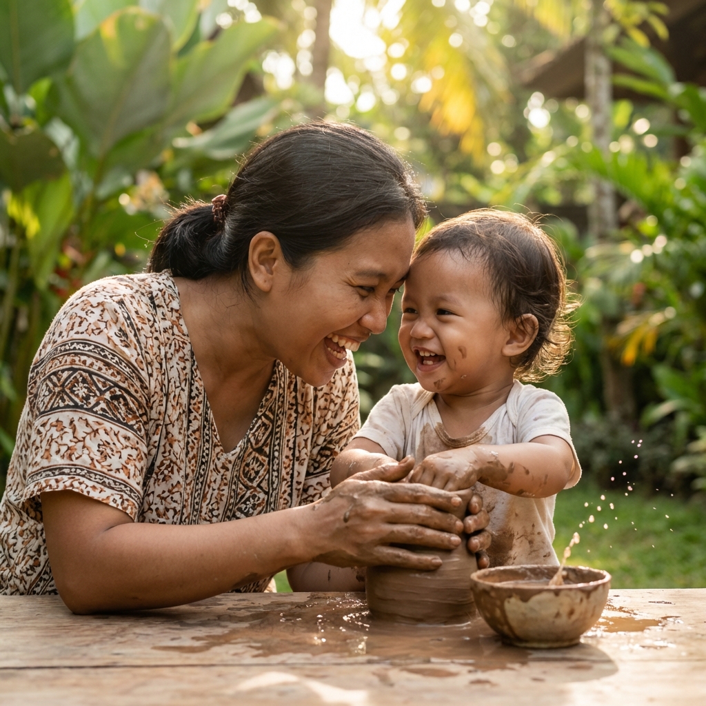 Ibu dan anak bermain sensori di alam